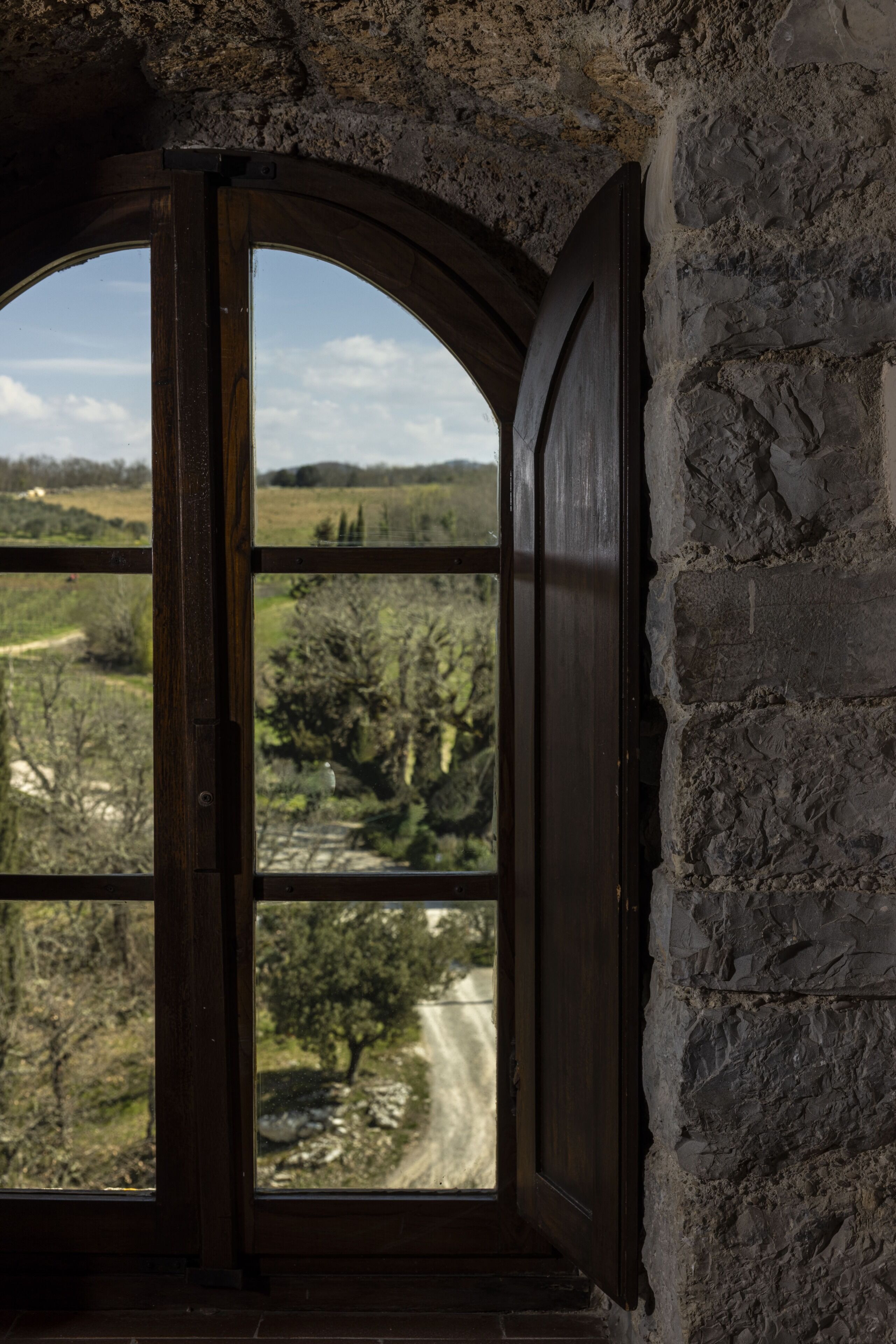 A rustic stone wall with a wooden door leading to a view of a rural landscape.