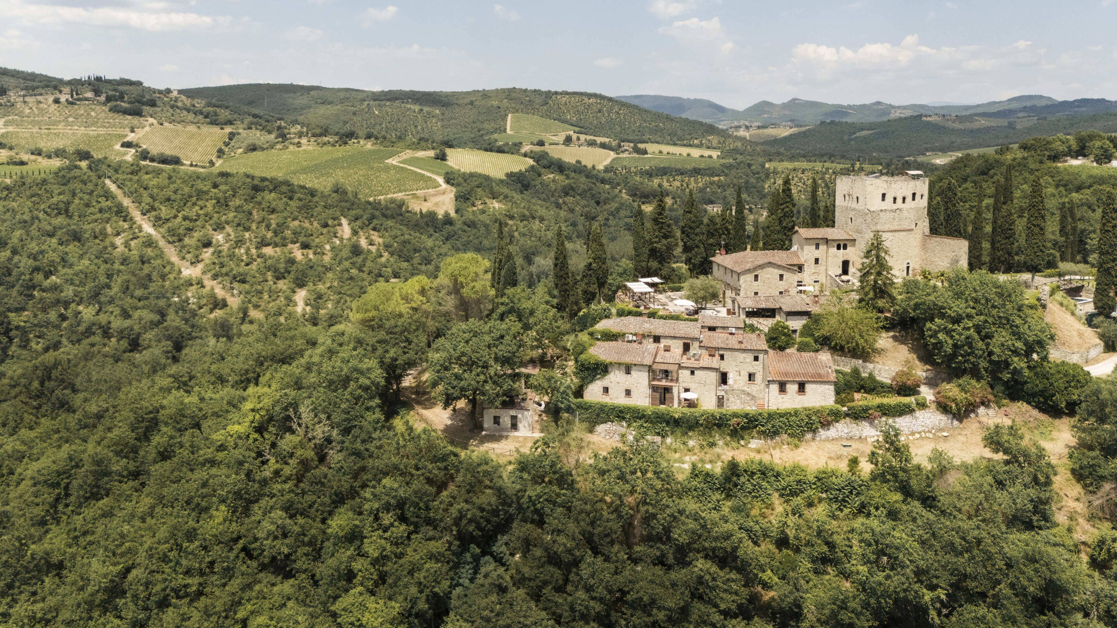 Un bâtiment historique en pierre, doté de nombreuses pièces, entouré d’une végétation luxuriante et de vignobles.