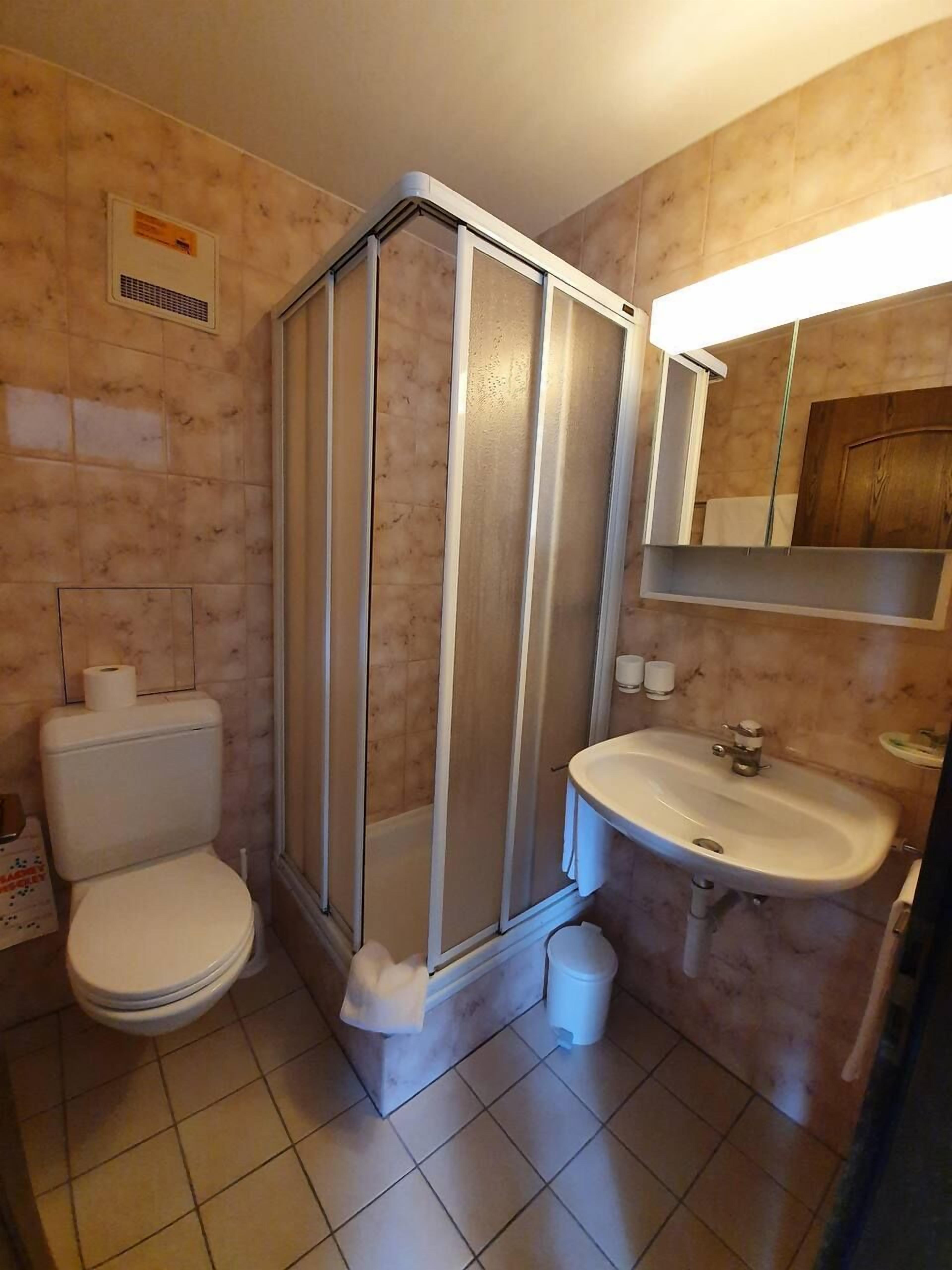 basic double room, mountain view | bathroom | shower, rainfall showerhead, hair dryer, towels