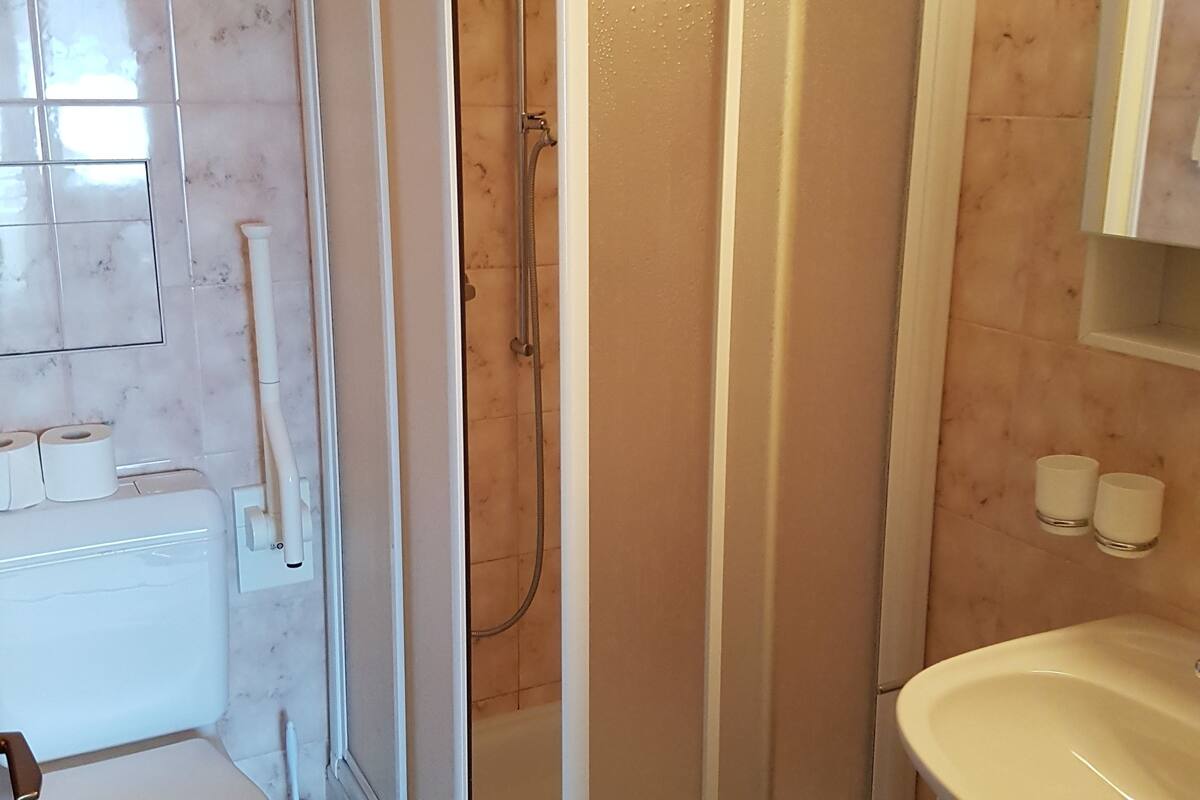 shower, rainfall showerhead, hair dryer, towels