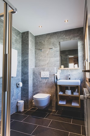 A modern bathroom with a toilet, sink, and mirror. - Pointe de Zinal (Anniviers)