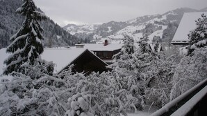 A snowy mountain landscape with cabins and a lake. - Simmental (Boltigen)