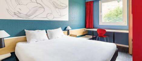 Desk, blackout drapes, soundproofing, iron/ironing board