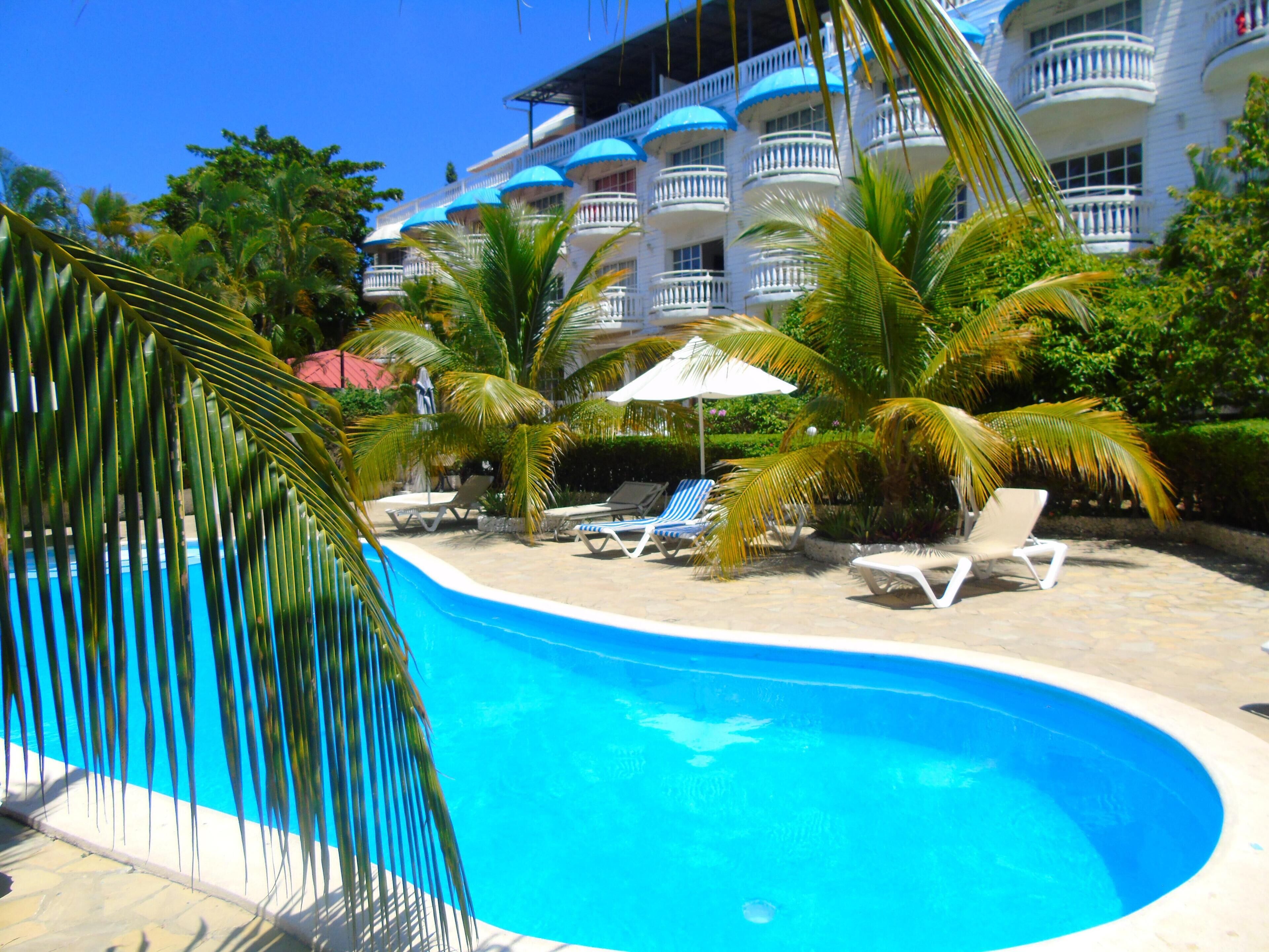 2 utendørsbassenger og solsenger