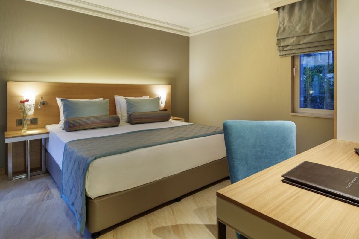 A hotel room with a bed, bedside table, chair, desk, television, and window.