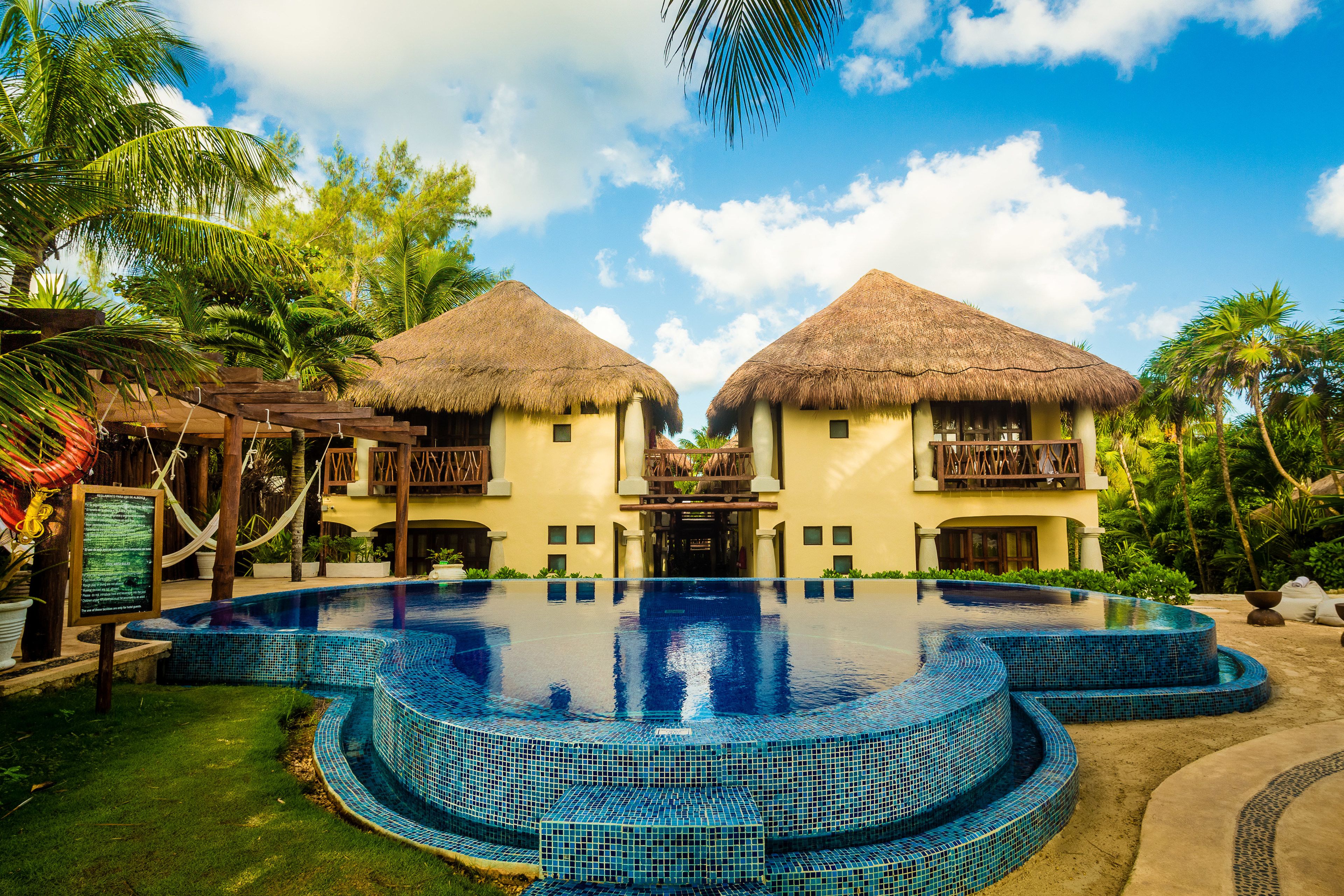 Outdoor pool, pool umbrellas, sun loungers