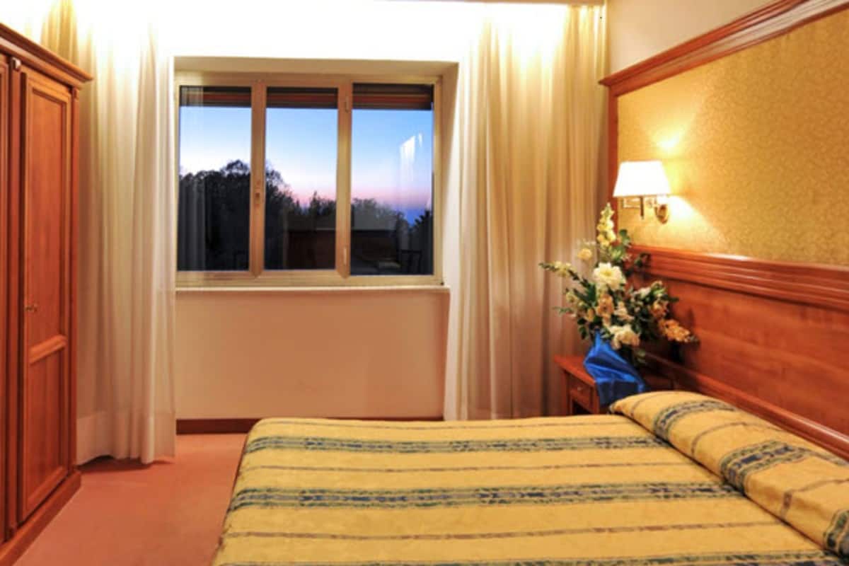 A hotel room with a bed, a nightstand with a lamp, a window with curtains, and a view of trees.