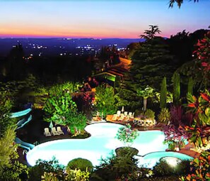 Un jardín ajardinado con piscina, rodeado de plantas y árboles tropicales.