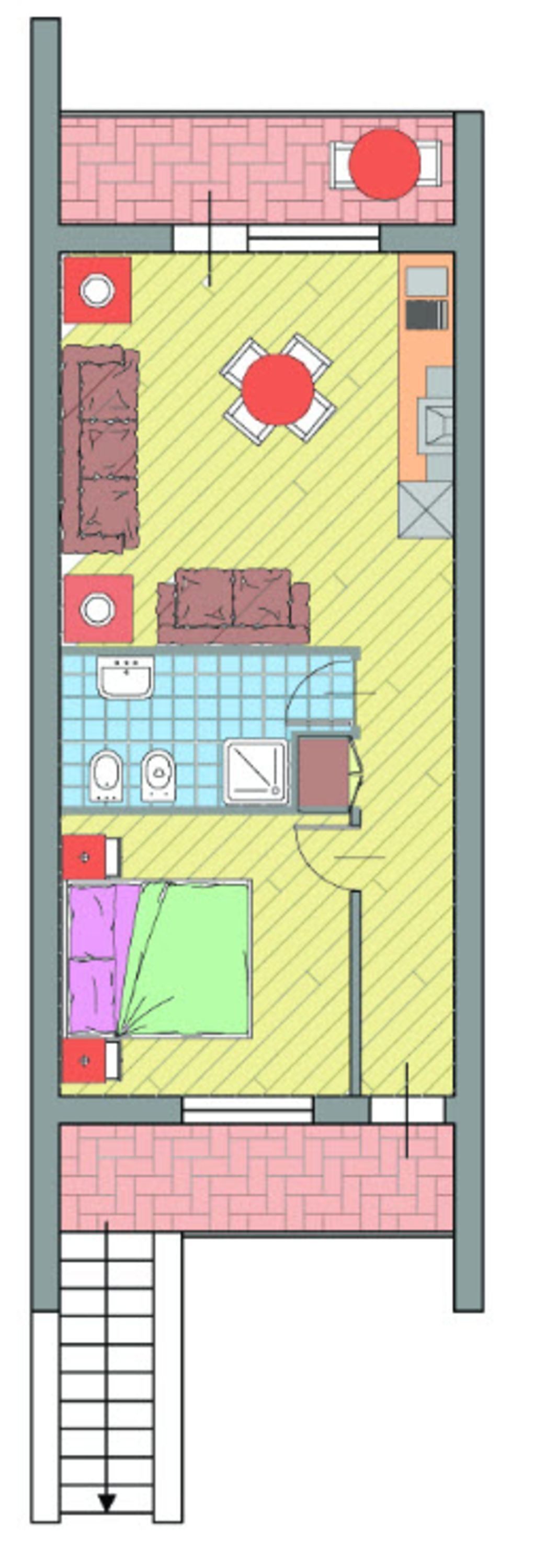 A floor plan of a hotel room with a bed, a bathroom, a kitchen area, and a seating area with a table and chairs.