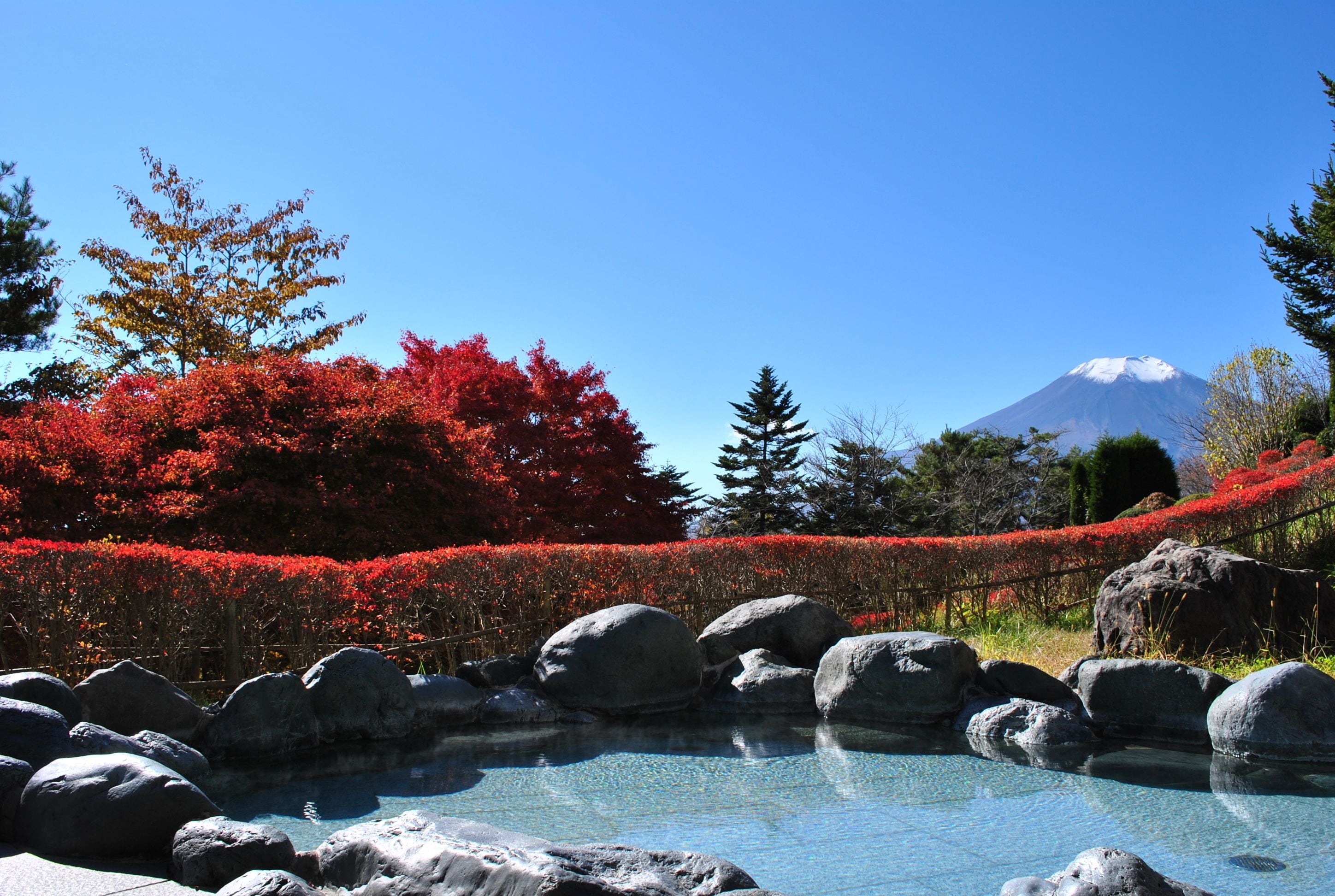 A clear view of a mountain in the background, a rocky pool in the foreground, and a line of red foliage.