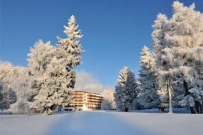 Un paisaje nevado con un edificio que presenta una fachada simétrica y una entrada central.