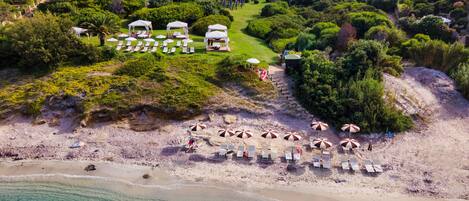 On the beach, sun loungers, beach umbrellas, beach towels