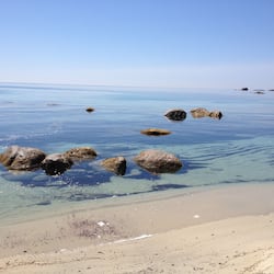 On the beach, sun-loungers, beach umbrellas, beach towels