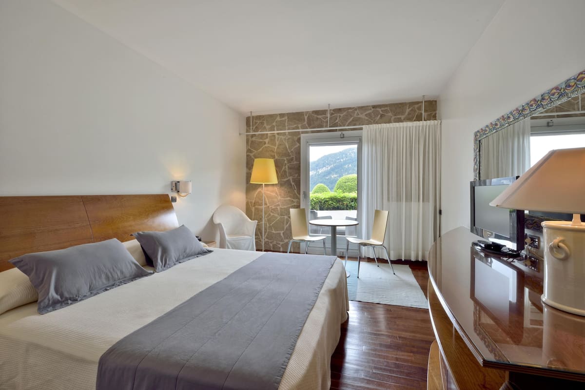 Een hotelkamer met een bed, een bureau, een televisie en een raam met uitzicht op groen.