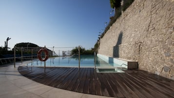 Seasonal outdoor pool, pool loungers