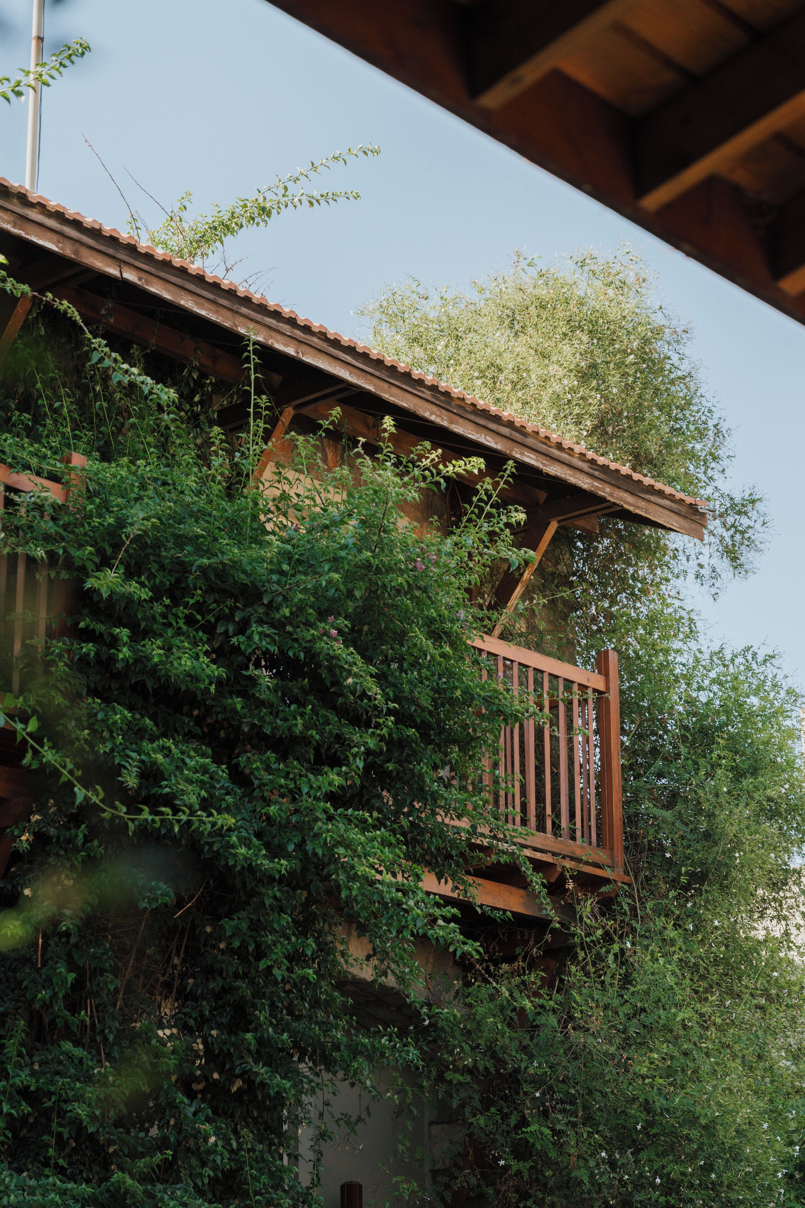 Un bâtiment doté d’un balcon en bois et d’un feuillage luxuriant.
