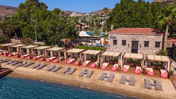 A beachside hotel with sun loungers and a pool.