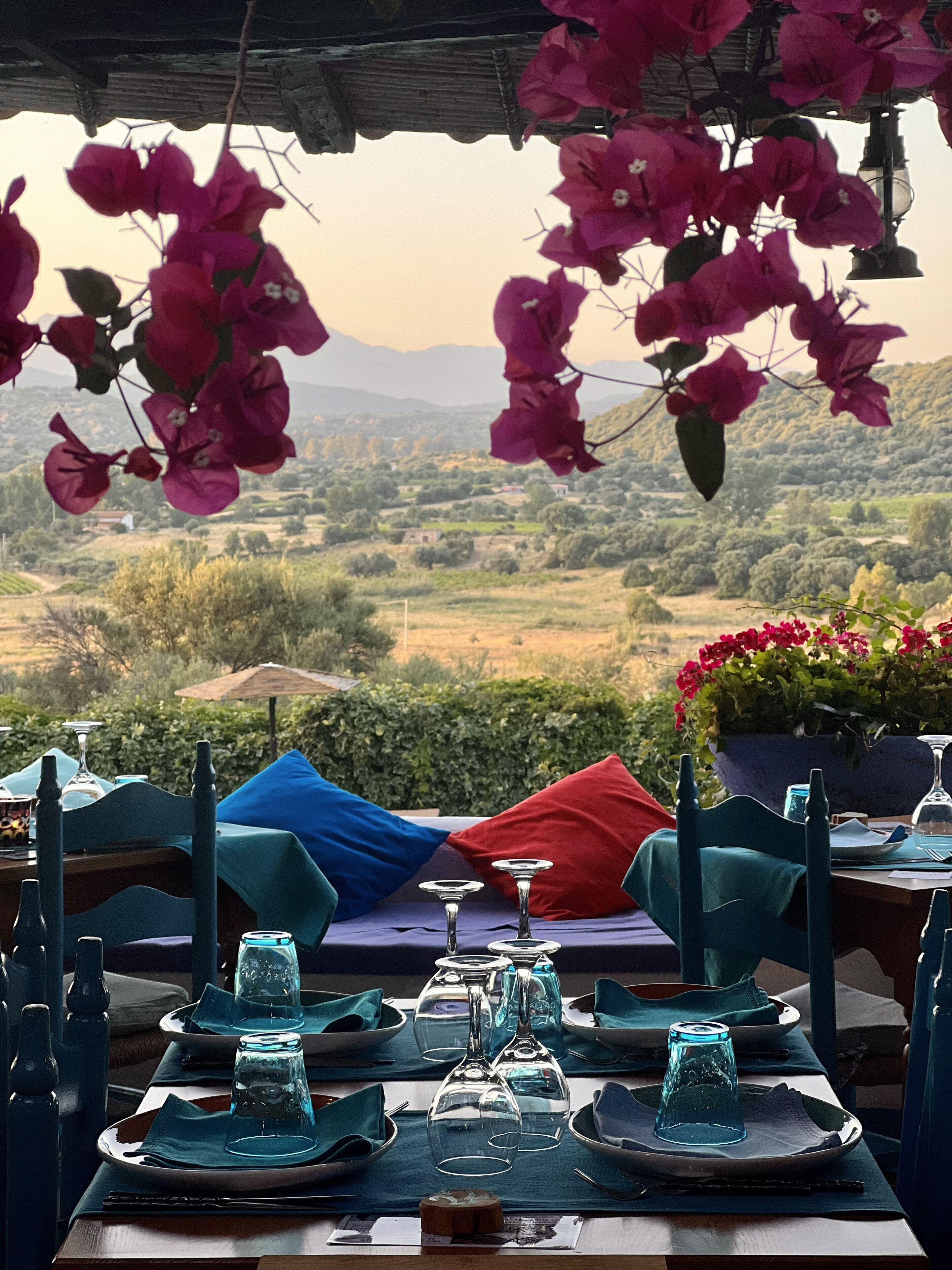 A table set for dining with a view of a rural landscape.
