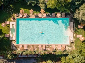 Outdoor pool, pool umbrellas, pool loungers