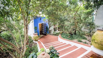 Un sendero en un jardín conduce a una puerta azul, rodeada de abundante follaje y plantas en macetas.