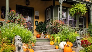 Une véranda décorée de plantes d’automne, de citrouilles et de statues.