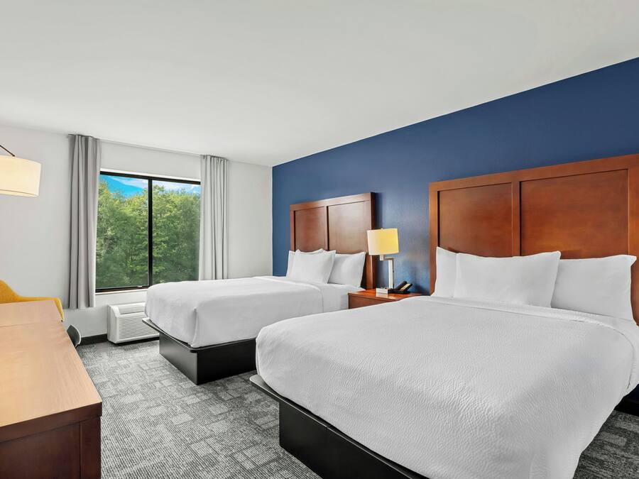 A hotel room with two beds, a desk, a chair, a lamp, and a view of trees through the window.