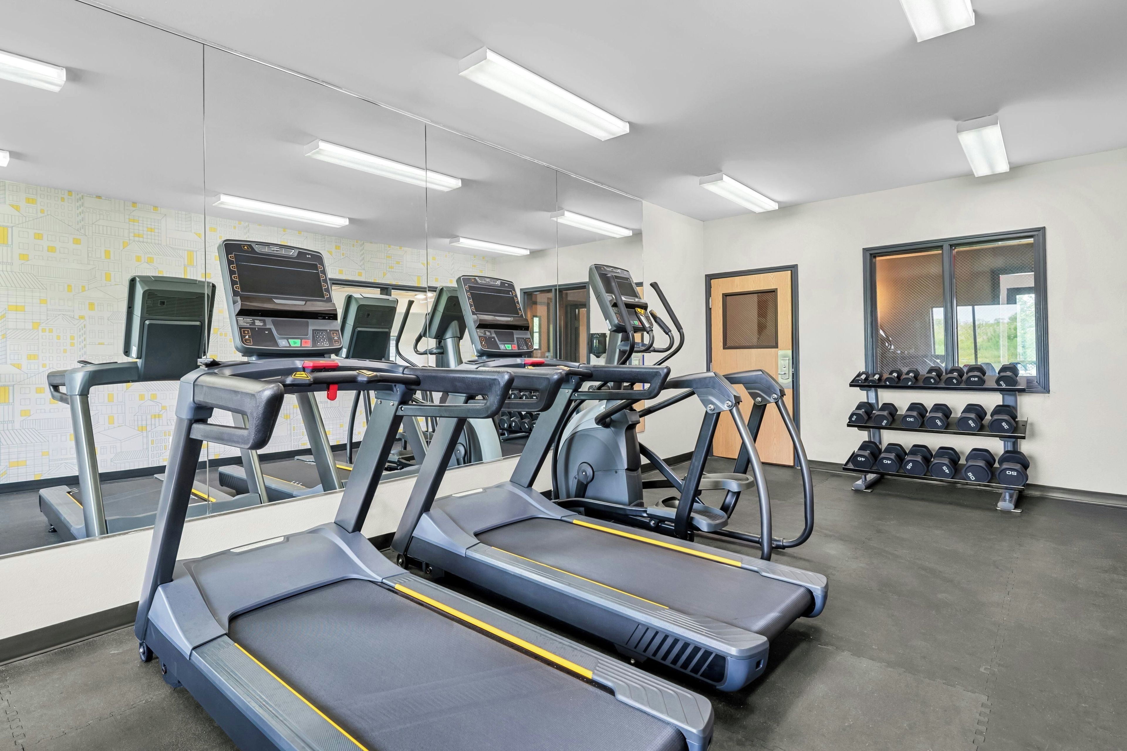 Ein Fitnessraum mit Laufbändern, Crosstrainern und einer Hantelbank.