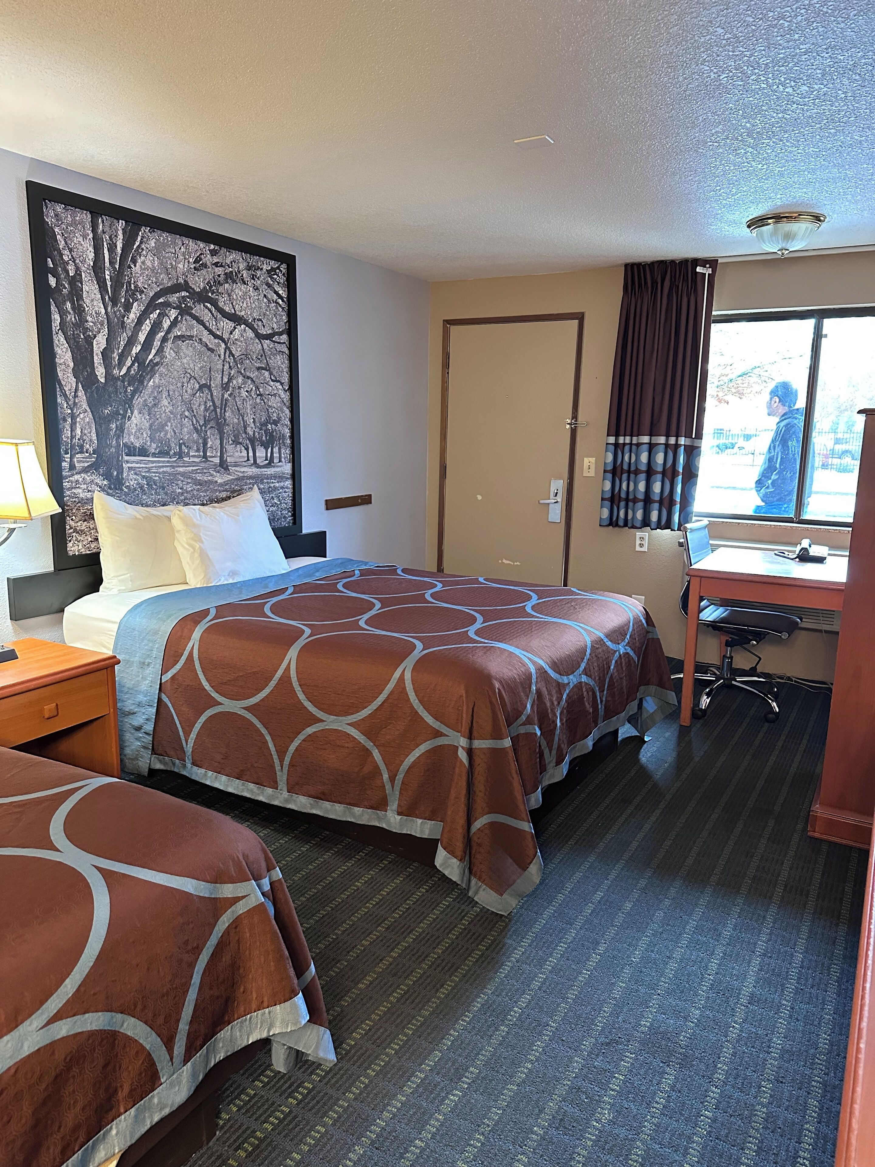 A hotel room with a bed, a desk, a chair, a lamp, and a window with curtains.