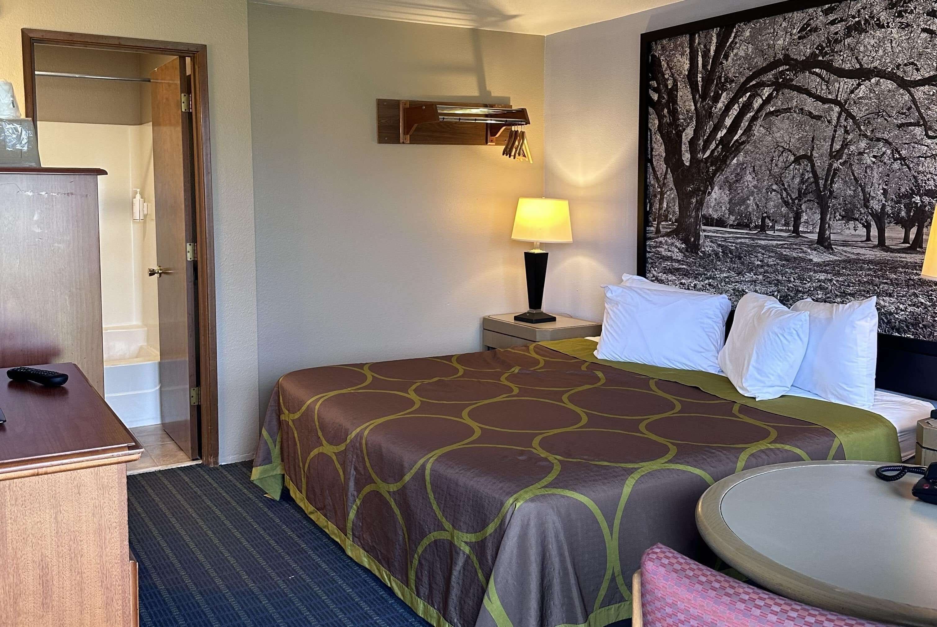 Habitación de hotel con cama, mesita de noche, lámpara y un cuadro con árboles.