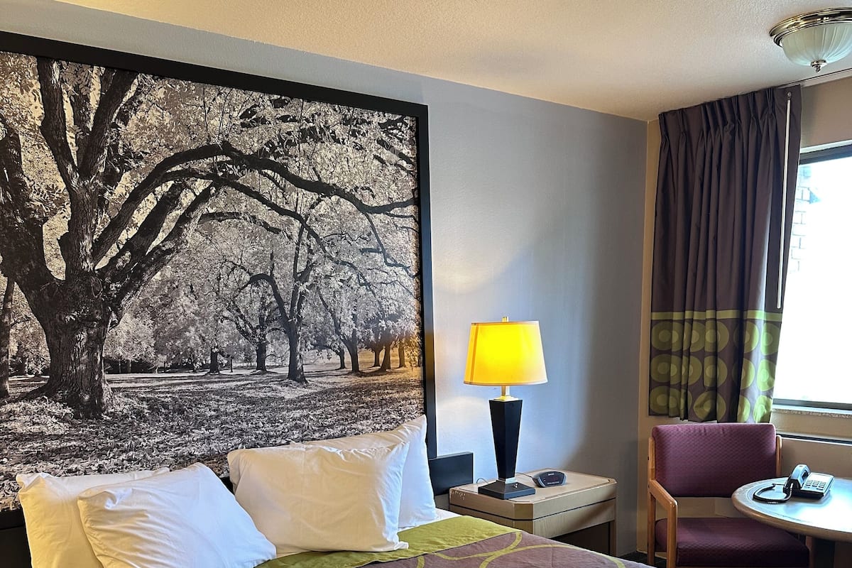 A hotel room with a large bed, a nightstand with a lamp, a chair, and a table.