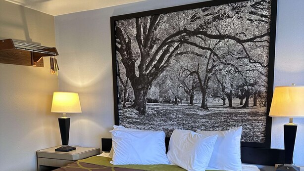 A hotel room with a large bed, two bedside lamps, a nightstand, and a wall-mounted shelf. - Super 8 by Wyndham Vancouver East (Vancouver)
