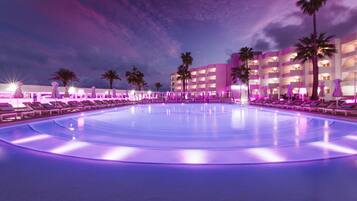 Indoor pool, outdoor pool, pool umbrellas, sun loungers