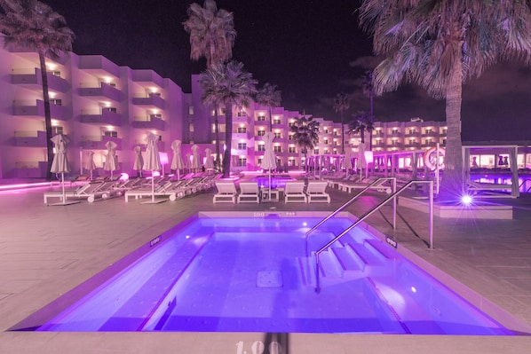 Indoor pool, outdoor pool, pool umbrellas, sun loungers