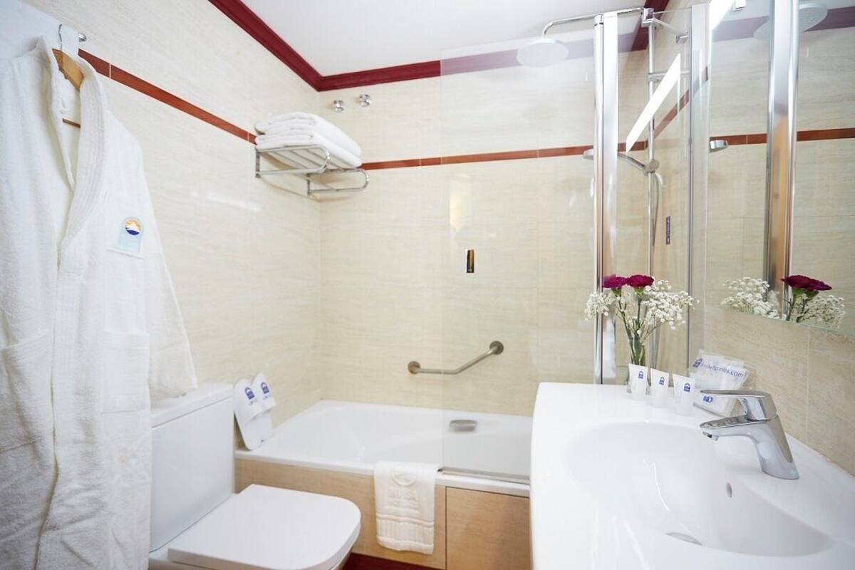 hair dryer, bidet, towels, soap