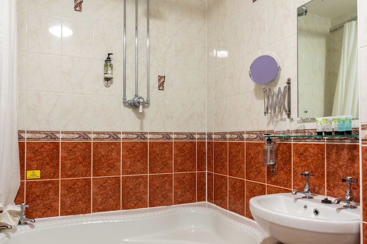 combined shower/bathtub, free toiletries, hair dryer, towels