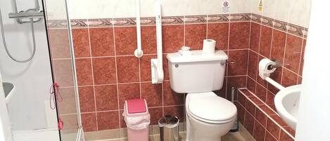 Een badkamer met toilet, wastafel en douche. Er is een prullenbak en een papieren handdoekdispenser.