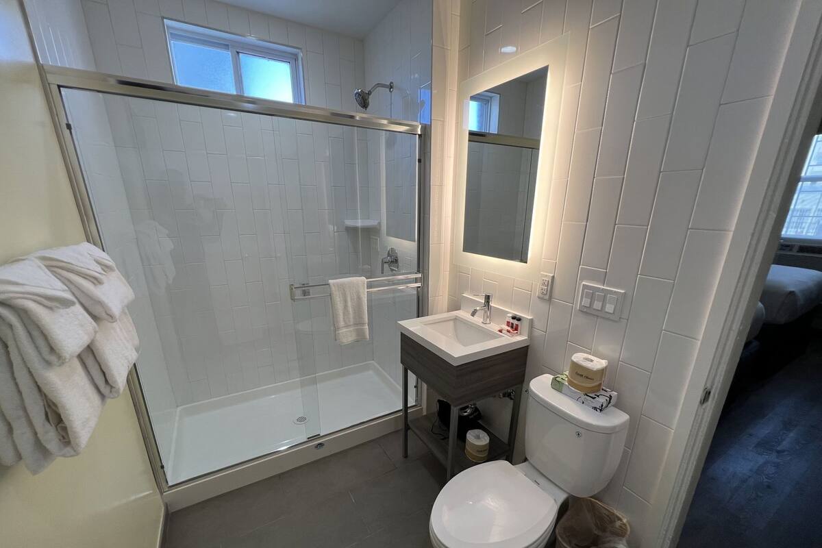 A modern bathroom with a glass shower enclosure, a white toilet, and a sink with a mirror above it.