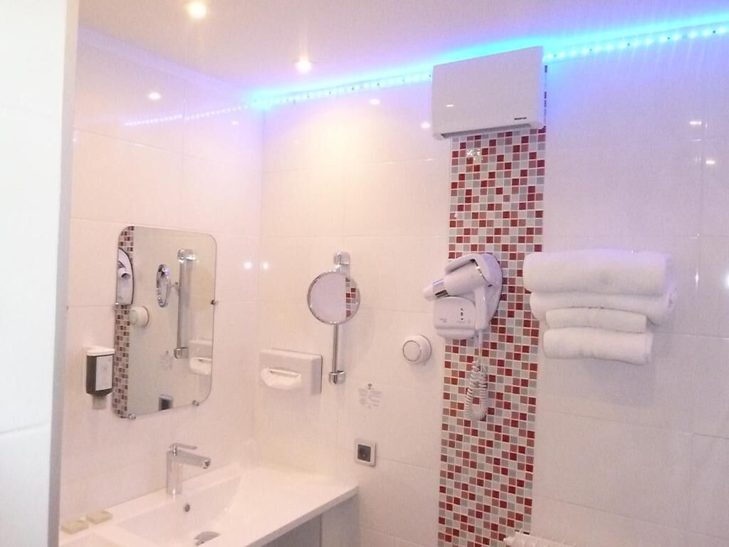A modern bathroom with a white sink, a mirror, a handheld showerhead, and a towel rack.