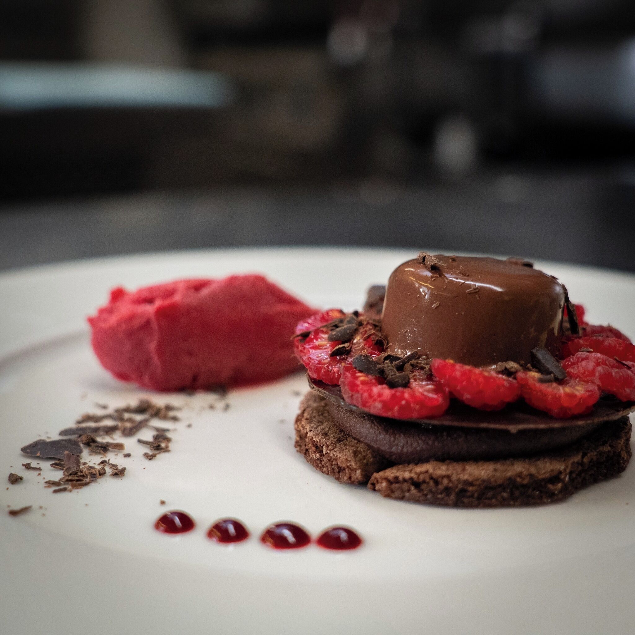 Un dessert au chocolat et aux framboises, présenté sur une assiette.