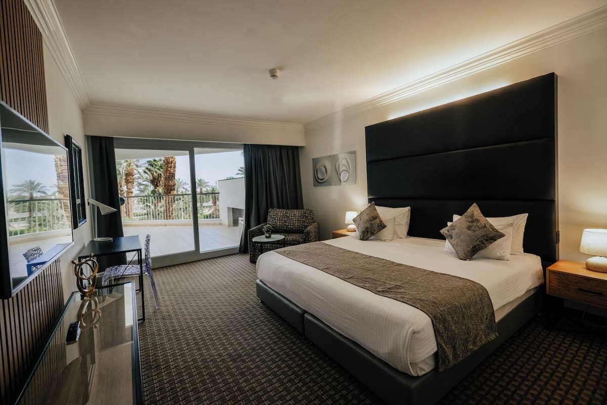 A hotel room with a large bed, a desk with a chair, a TV, and a balcony with a view of palm trees.