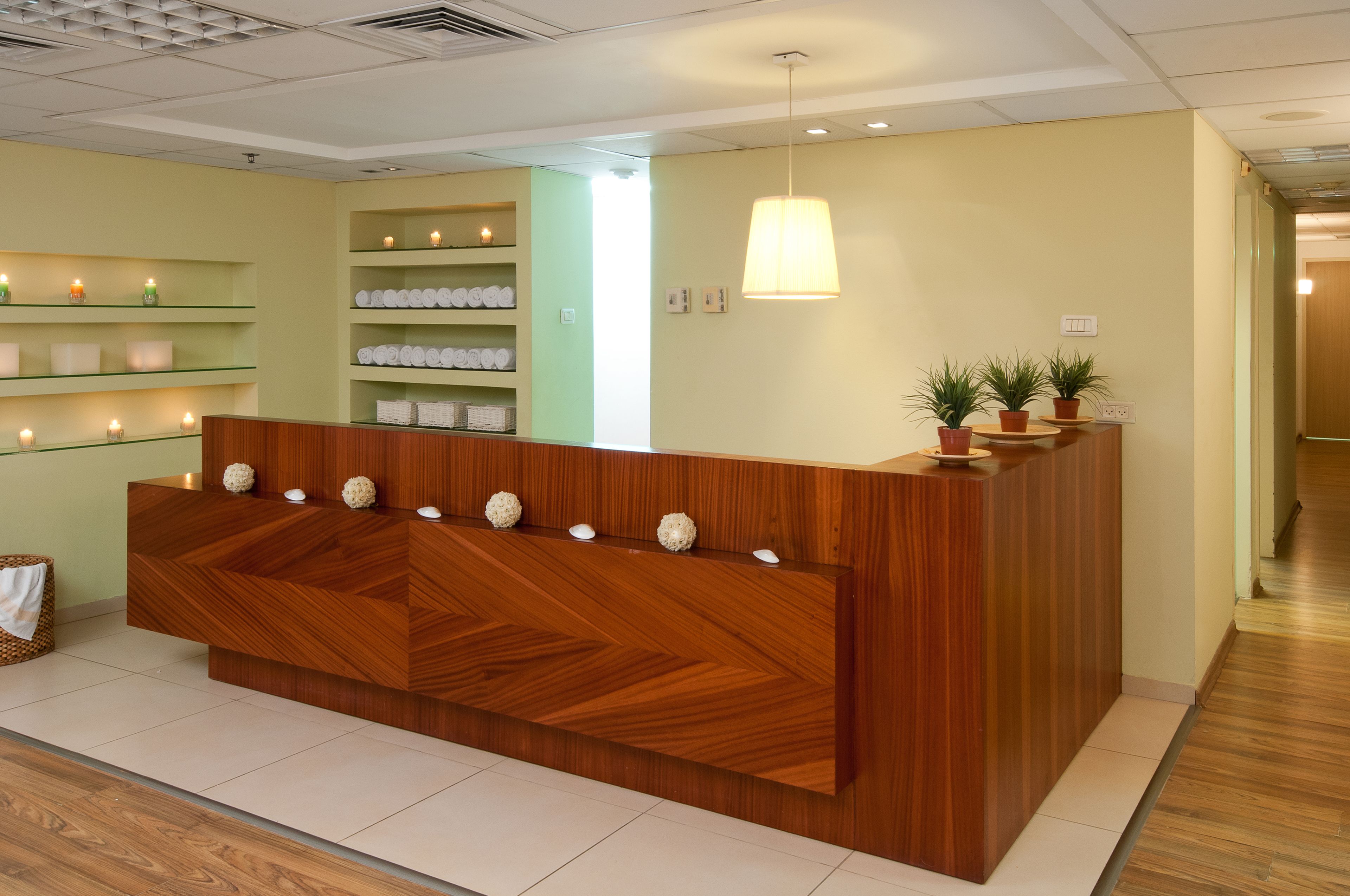 Un mostrador de recepción con detalles de madera, estantes con velas y plantas en macetas.