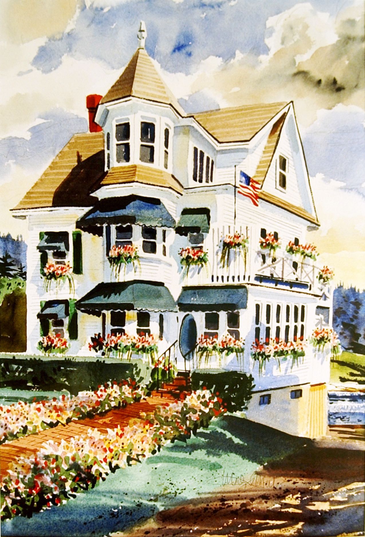 A large, multi-story house with a prominent tower, multiple windows, and a well-maintained garden with flowers.