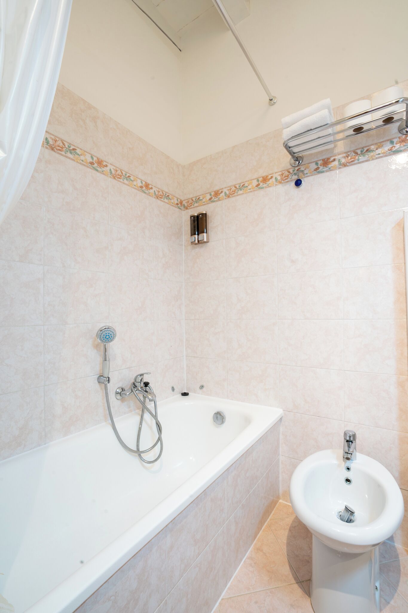 A bathroom with a bathtub, a bidet, and a showerhead.
