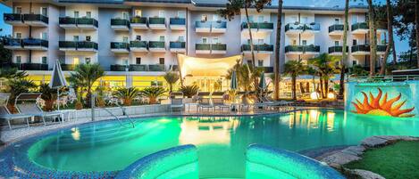 Seasonal outdoor pool, pool umbrellas, pool loungers