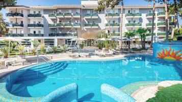 Seasonal outdoor pool, pool umbrellas, pool loungers