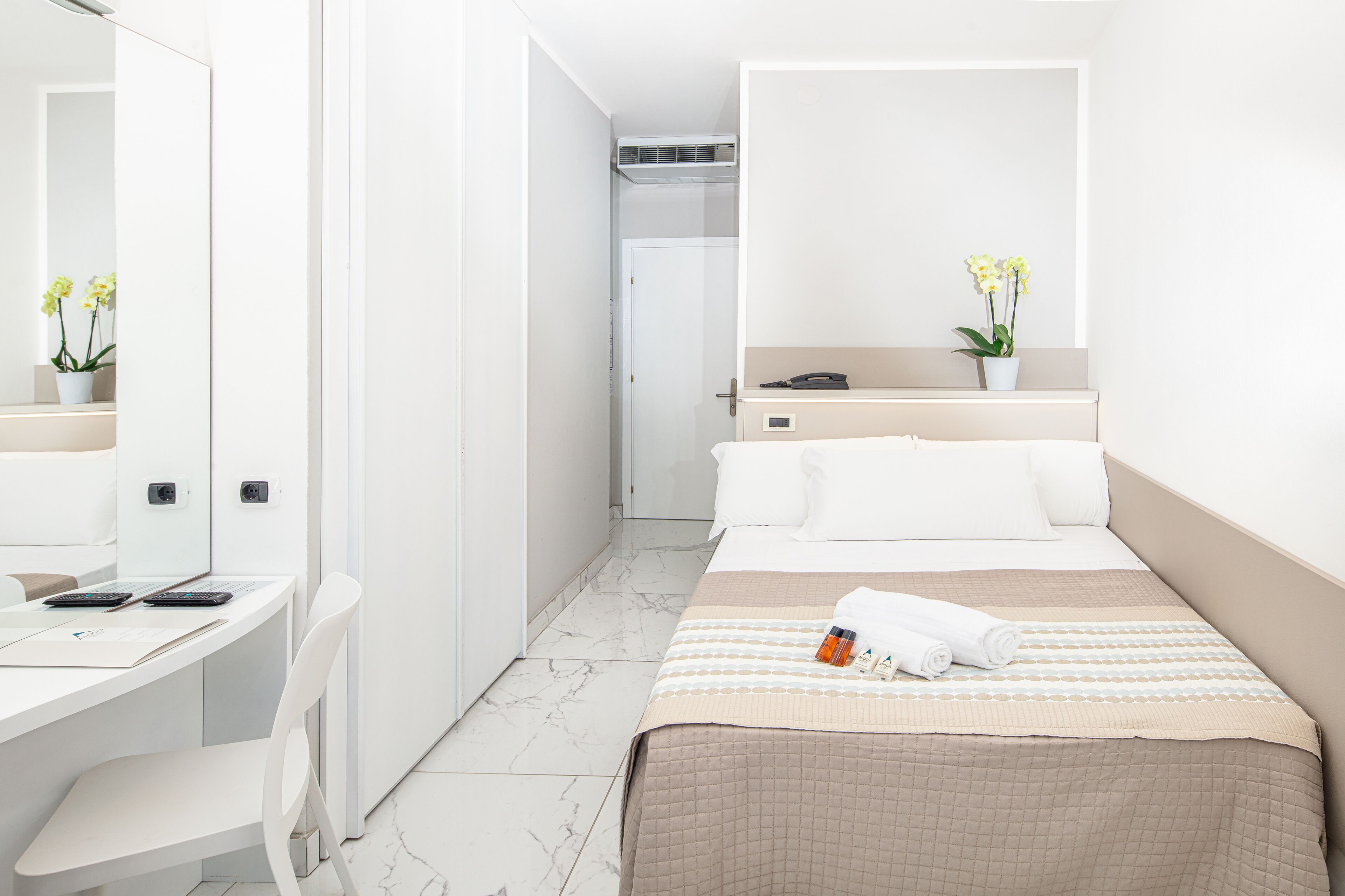 A hotel room with a bed, a desk, a chair, a mirror, and a potted plant.