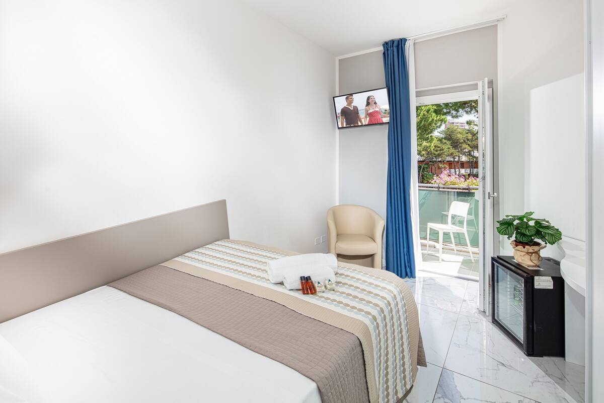 Una habitación de hotel con una cama, una silla, un televisor y una planta pequeña.