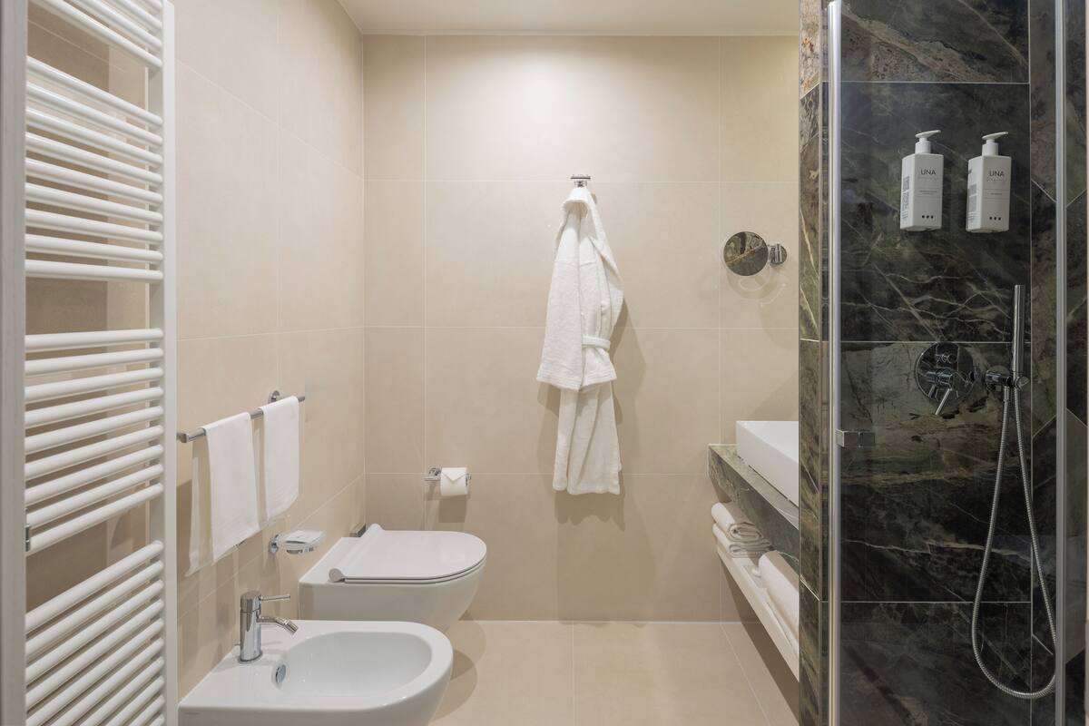 shower, free toiletries, hair dryer, bidet