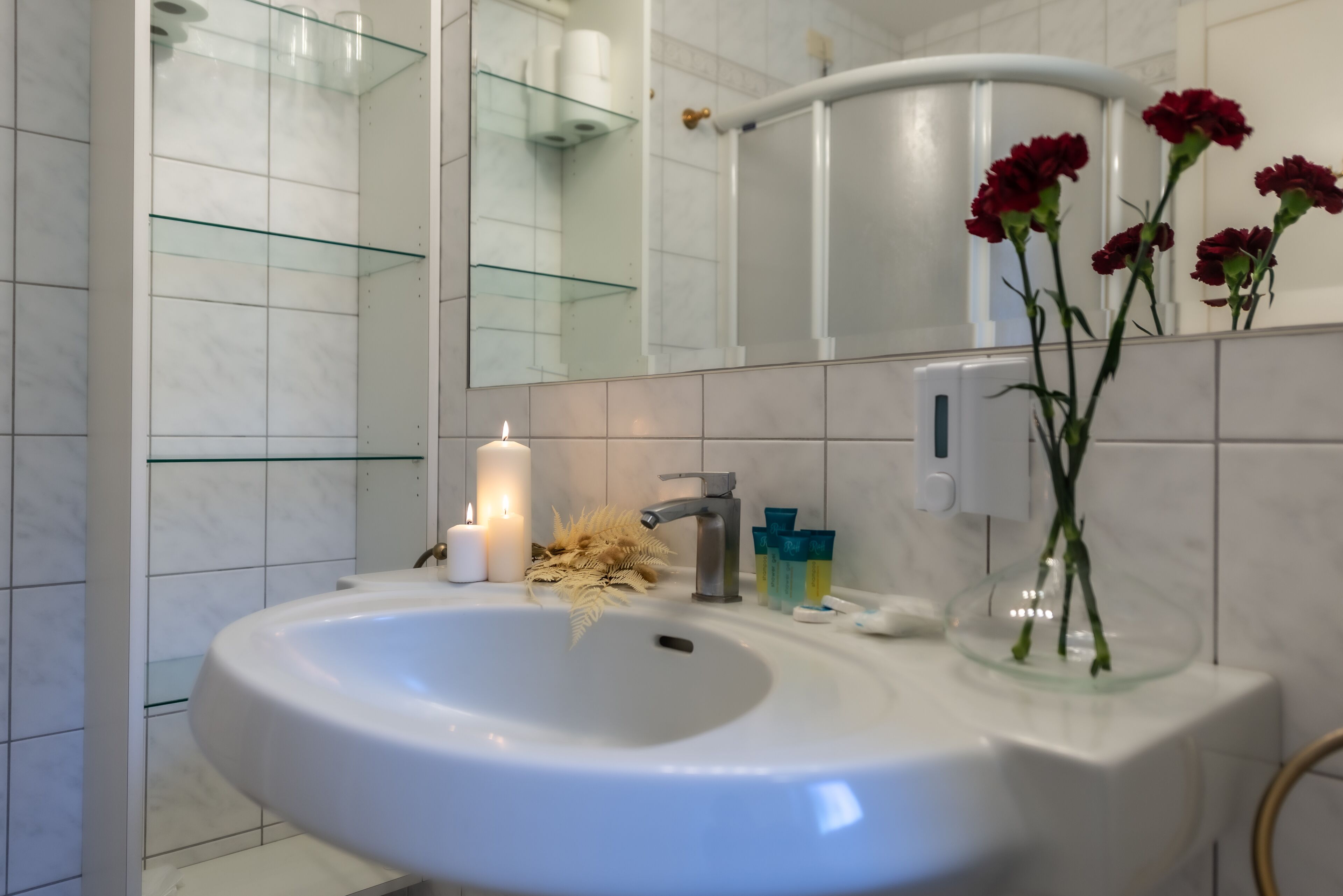 A bathroom with a white sink, a mirror, and a glass shelf.