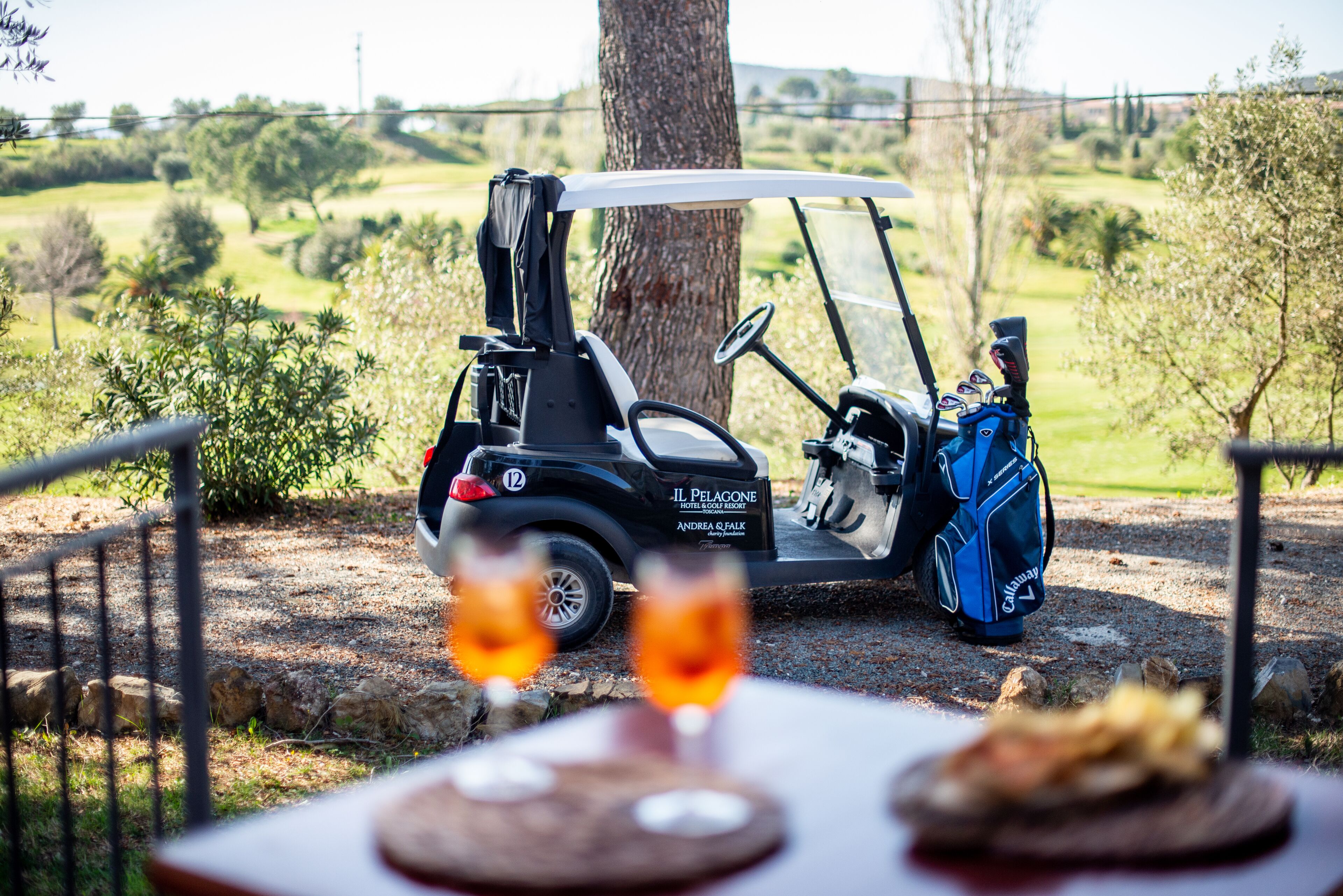 A golf cart parked near a table with two glasses of wine and a plate of food, with a scenic view of a golf course in the background.